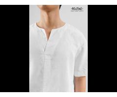Mens Linen/Cotton V-neck shirts loose form Routine brand (Model: 10S21TSH017) - Image 2