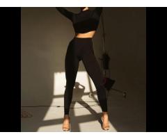 Women's sports fitness two-piece set Long-sleeved tight top + tight stretch pants solid color