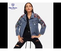 European autumn womens pearls contrast sequin ripped denim jacket - Image 1