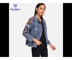 European autumn womens pearls contrast sequin ripped denim jacket - Image 2