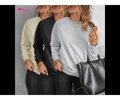 2022 Trendy Custom Logo Solid Color Pullover Women Crew Neck Blank Sweatshirt - Image 4