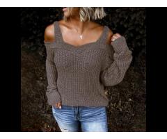 2021 Women's Long Sleeve Knit Top Casual Solid Color Cold Shoulder Sweater Women - Image 1