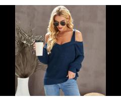 2021 Women's Long Sleeve Knit Top Casual Solid Color Cold Shoulder Sweater Women - Image 2