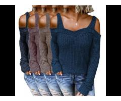 2021 Women's Long Sleeve Knit Top Casual Solid Color Cold Shoulder Sweater Women - Image 3