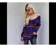 2021 Trendy Striped Fall Tops For Women Pullover Off Shoulder Loose Knit Sweater - Image 1