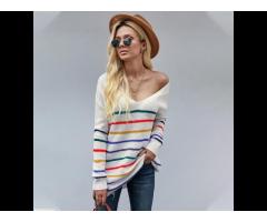 2021 Trendy Striped Fall Tops For Women Pullover Off Shoulder Loose Knit Sweater - Image 2