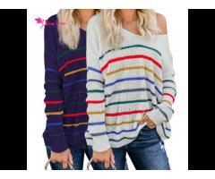 2021 Trendy Striped Fall Tops For Women Pullover Off Shoulder Loose Knit Sweater - Image 3