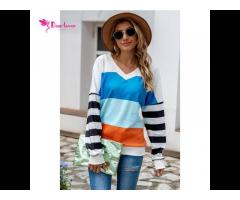 Wholesale Trendy Color Block Sweatshirt V Neck Pullover For Women Sweat Shirts - Image 1