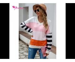 Wholesale Trendy Color Block Sweatshirt V Neck Pullover For Women Sweat Shirts - Image 2