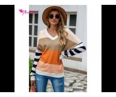 Wholesale Trendy Color Block Sweatshirt V Neck Pullover For Women Sweat Shirts - Image 3