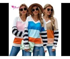 Wholesale Trendy Color Block Sweatshirt V Neck Pullover For Women Sweat Shirts - Image 4