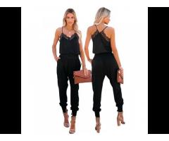 Casual Loose Sleeveless Woman Clothing Black Lace Patchwork Spaghetti Strap Slim-fit Jumpsuit - Image 1
