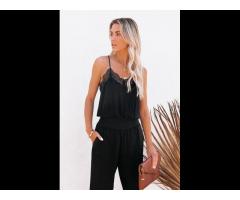 Casual Loose Sleeveless Woman Clothing Black Lace Patchwork Spaghetti Strap Slim-fit Jumpsuit - Image 2
