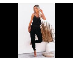 Casual Loose Sleeveless Woman Clothing Black Lace Patchwork Spaghetti Strap Slim-fit Jumpsuit - Image 3