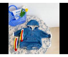 Baby Bodysuit Hooded Denim Long Sleeve Jumpsuit Newborn Infant Romper For Winter