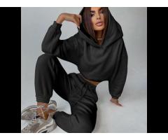 Winter New Women Sweatsuit Set Tracksuit Crop Top Hoodie 2 Piece Solid Color Sets