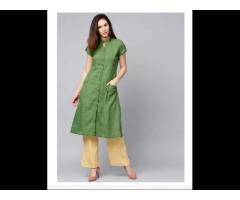 Olive Solid A-Line Cotton Kurta