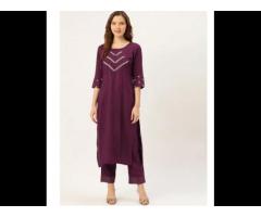 Wine Zari Yoke Design Straight Kurta with Palazzos