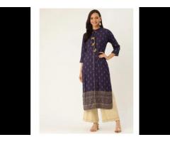 Blue Gold Print Straight Viscose Rayon Kurta