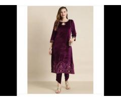 Purple Velvet Hem Zari Embroidered Kurta