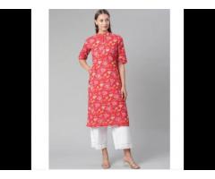 Red Floral Print Cotton Straight Kurta