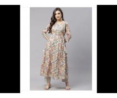 Off White Cotton Anarkali Kurta Pant Set