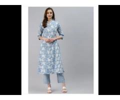 Skyblue Block Print Cotton A-line Kurta With Pant Set