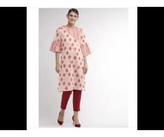 Ladies Off White Printed Kurti Pant Set