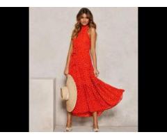 Spring Summer Boho Red Sleeveless Halter Blue and White Floral Maxi Women Dresses - Image 3