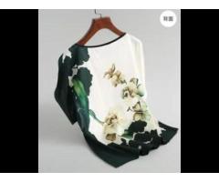 High-grade ice silk fabric positioning print t-shirt summer big yard mum tops round neck - Image 1