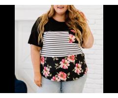 Wholesale Floral T-shirt For Women Color Block Stripe Splicing Short Sleeve Plus Size T-shirts - Image 3